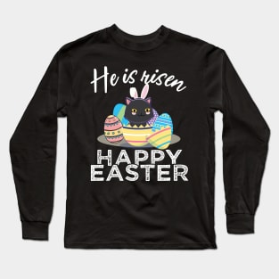 Cute Black Cat Bunny Ears Easter Egg Hunt Risen Bible Long Sleeve T-Shirt